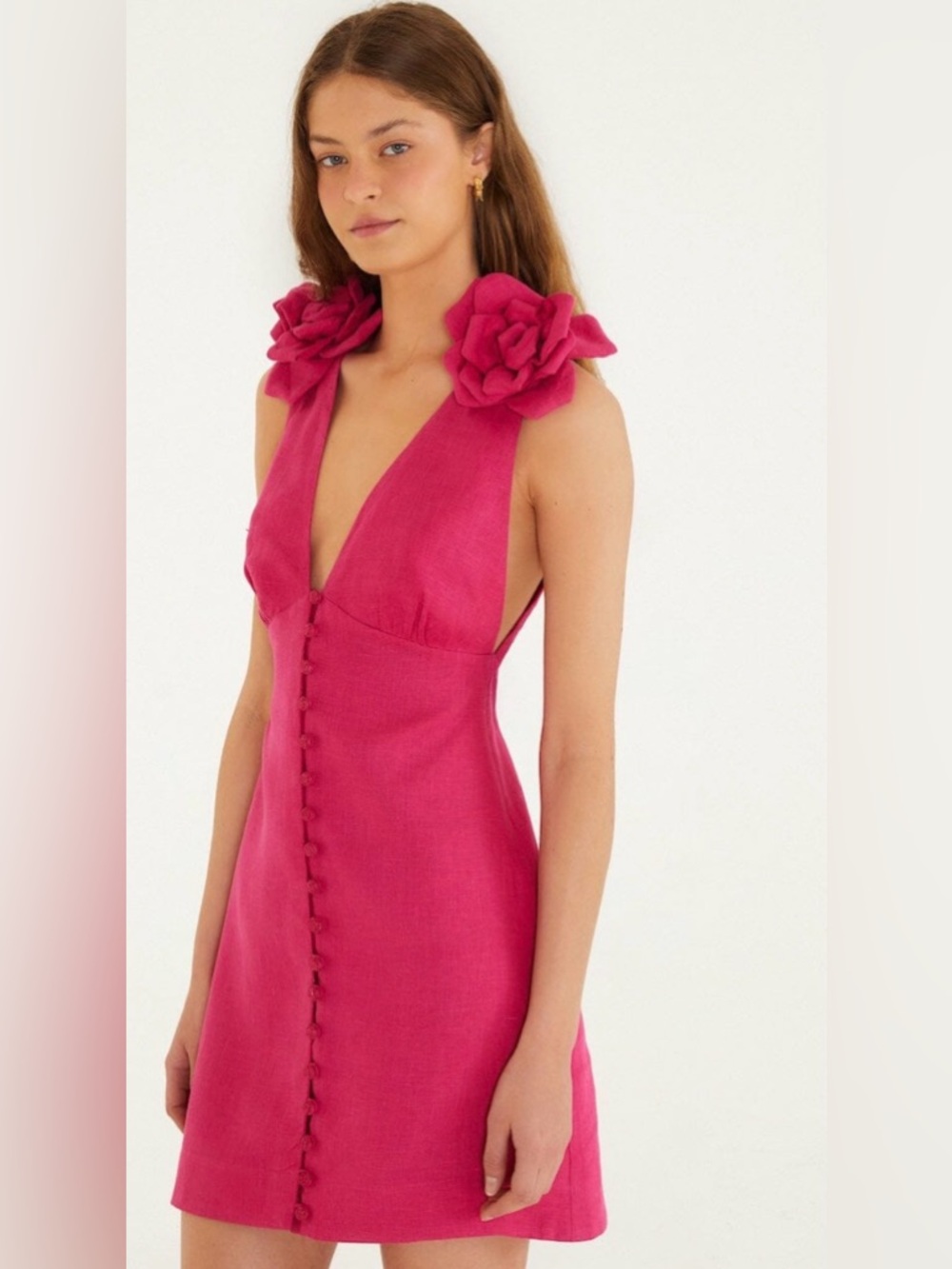 FARM Rio Hot Pink Floral-Shoulder Linen Dress - Picture 2 of 14
